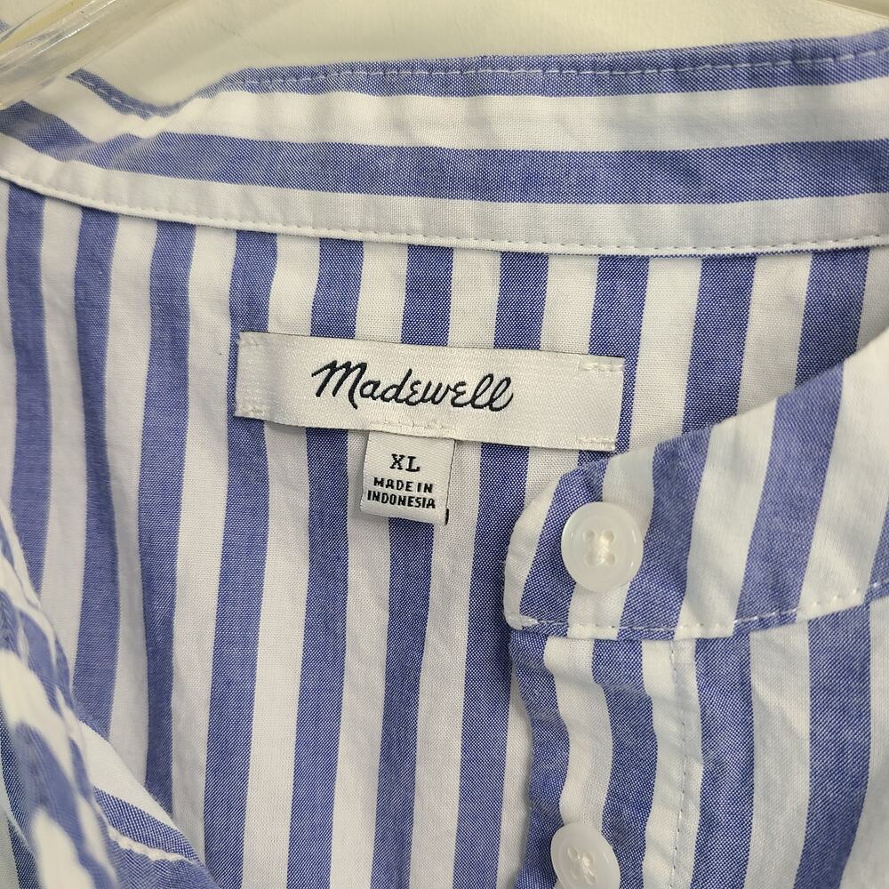 Madewell Striped Ruffle-Front Button Blouse XL Cotton Blue Long Sleeve - Picture 3 of 7